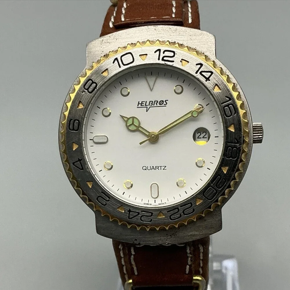 Vintage Helbros Mens Watch 37mm Leather Two Tone Bezel Date New Battery